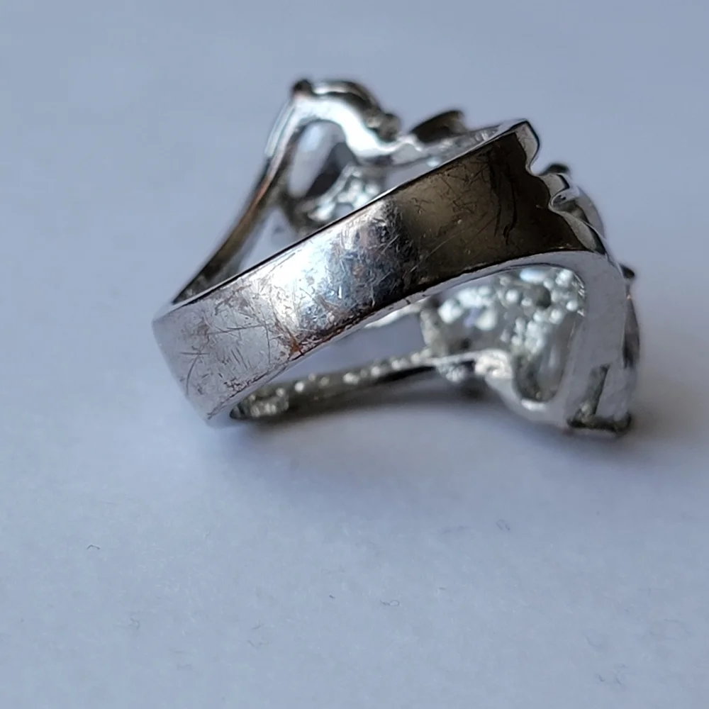 Simulated Diamond Ring Split Shank Tear Drop Pear Cluster Silver Tone Size 7.5